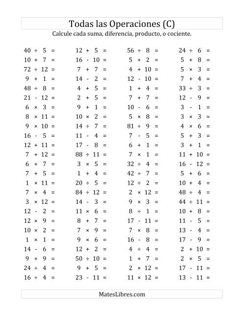 La hoja de ejercicios de 100 Preguntas Horizontales de Suma, Resta, Multiplicación y División (de 1 a 12) (C)