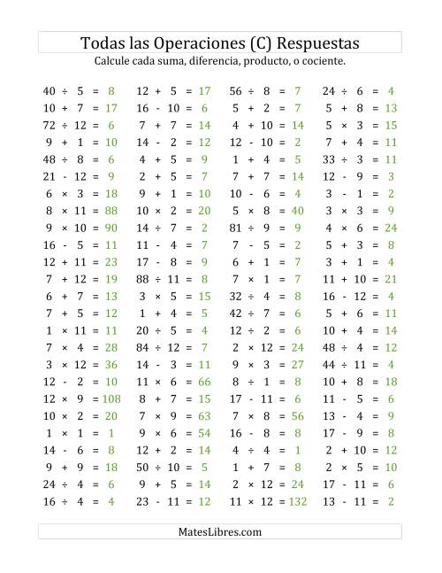 La hoja de ejercicios de 100 Preguntas Horizontales de Suma, Resta, Multiplicación y División (de 1 a 12) (C) Página 2