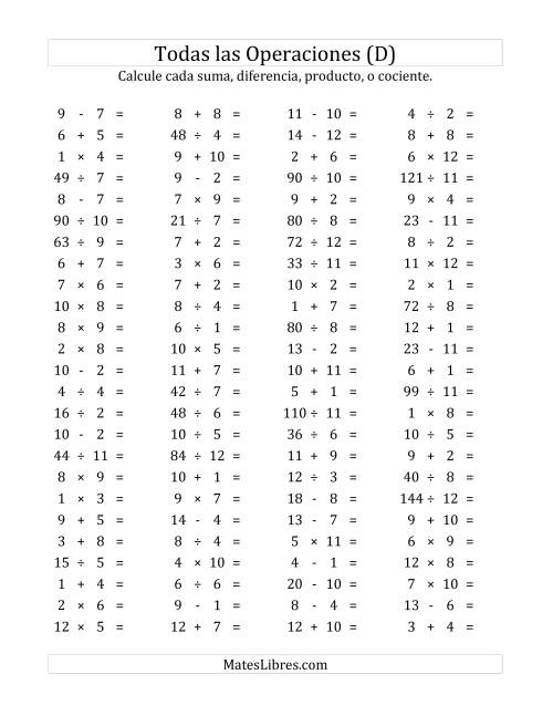 La hoja de ejercicios de 100 Preguntas Horizontales de Suma, Resta, Multiplicación y División (de 1 a 12) (D)