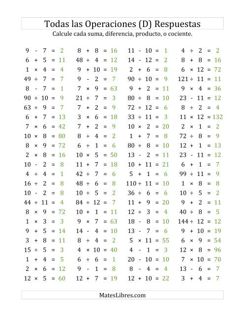 La hoja de ejercicios de 100 Preguntas Horizontales de Suma, Resta, Multiplicación y División (de 1 a 12) (D) Página 2