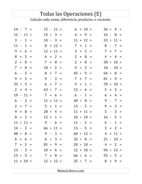 La hoja de ejercicios de 100 Preguntas Horizontales de Suma, Resta, Multiplicación y División (de 1 a 12) (E)