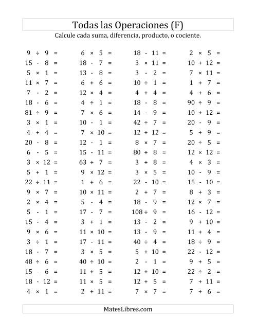 La hoja de ejercicios de 100 Preguntas Horizontales de Suma, Resta, Multiplicación y División (de 1 a 12) (F)