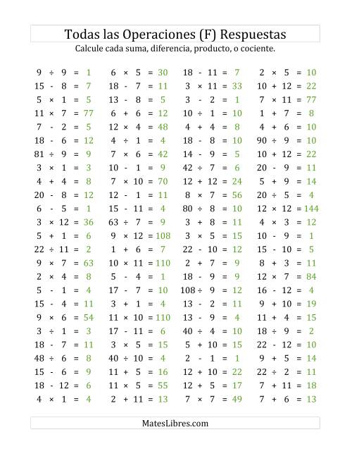 La hoja de ejercicios de 100 Preguntas Horizontales de Suma, Resta, Multiplicación y División (de 1 a 12) (F) Página 2