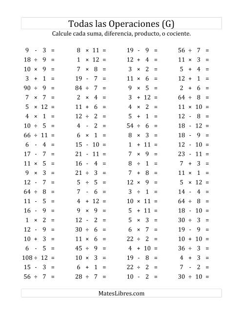 La hoja de ejercicios de 100 Preguntas Horizontales de Suma, Resta, Multiplicación y División (de 1 a 12) (G)