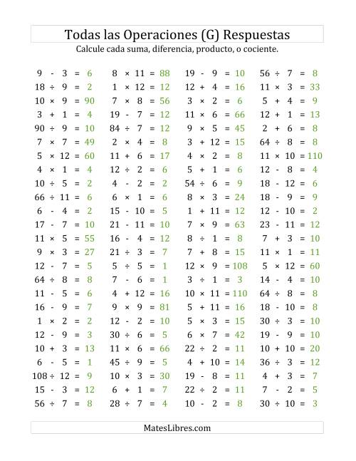 La hoja de ejercicios de 100 Preguntas Horizontales de Suma, Resta, Multiplicación y División (de 1 a 12) (G) Página 2