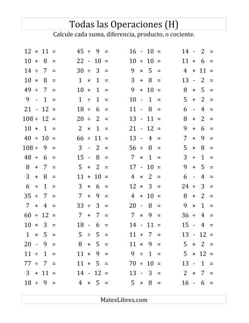 La hoja de ejercicios de 100 Preguntas Horizontales de Suma, Resta, Multiplicación y División (de 1 a 12) (H)