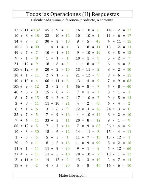 La hoja de ejercicios de 100 Preguntas Horizontales de Suma, Resta, Multiplicación y División (de 1 a 12) (H) Página 2