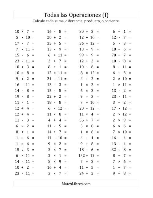 La hoja de ejercicios de 100 Preguntas Horizontales de Suma, Resta, Multiplicación y División (de 1 a 12) (I)