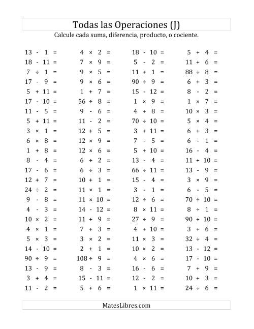 La hoja de ejercicios de 100 Preguntas Horizontales de Suma, Resta, Multiplicación y División (de 1 a 12) (J)