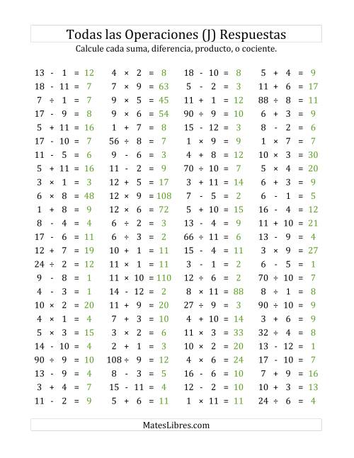 La hoja de ejercicios de 100 Preguntas Horizontales de Suma, Resta, Multiplicación y División (de 1 a 12) (J) Página 2