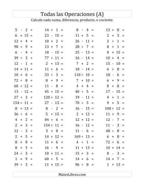 La hoja de ejercicios de 100 Preguntas Horizontales de Suma, Resta, Multiplicación y División (de 1 a 15) (A)