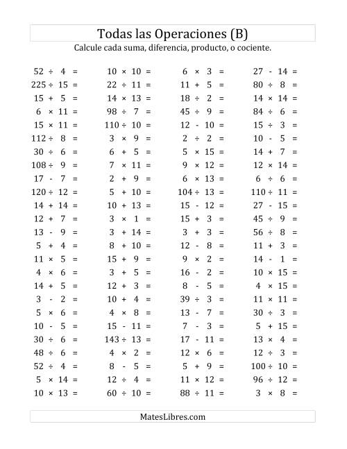 La hoja de ejercicios de 100 Preguntas Horizontales de Suma, Resta, Multiplicación y División (de 1 a 15) (B)