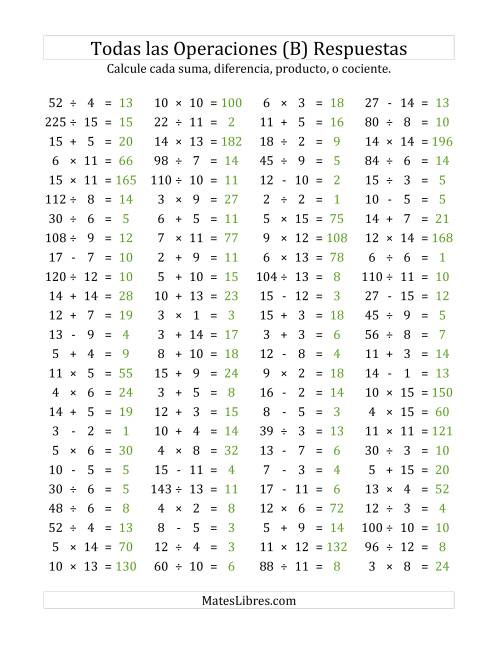 La hoja de ejercicios de 100 Preguntas Horizontales de Suma, Resta, Multiplicación y División (de 1 a 15) (B) Página 2