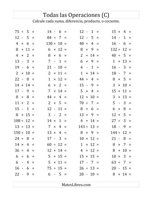La hoja de ejercicios de 100 Preguntas Horizontales de Suma, Resta, Multiplicación y División (de 1 a 15) (C)
