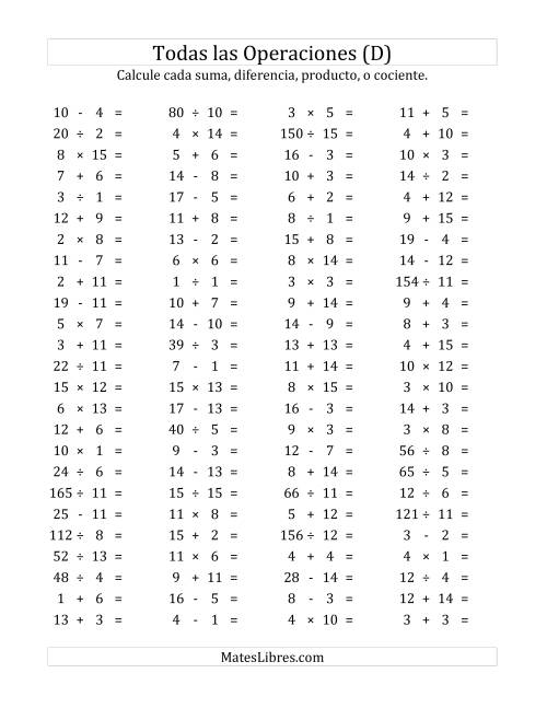 La hoja de ejercicios de 100 Preguntas Horizontales de Suma, Resta, Multiplicación y División (de 1 a 15) (D)