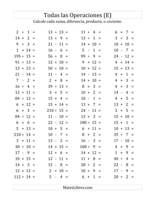 La hoja de ejercicios de 100 Preguntas Horizontales de Suma, Resta, Multiplicación y División (de 1 a 15) (E)