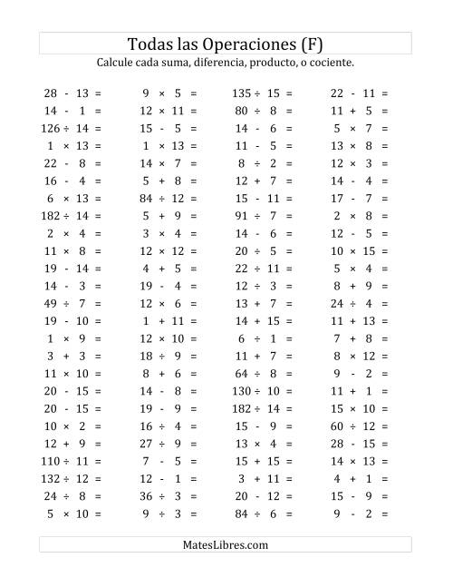 La hoja de ejercicios de 100 Preguntas Horizontales de Suma, Resta, Multiplicación y División (de 1 a 15) (F)