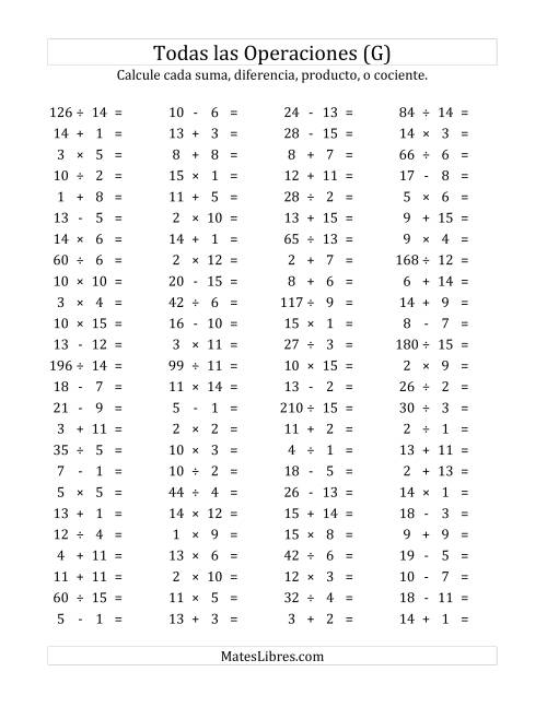 La hoja de ejercicios de 100 Preguntas Horizontales de Suma, Resta, Multiplicación y División (de 1 a 15) (G)