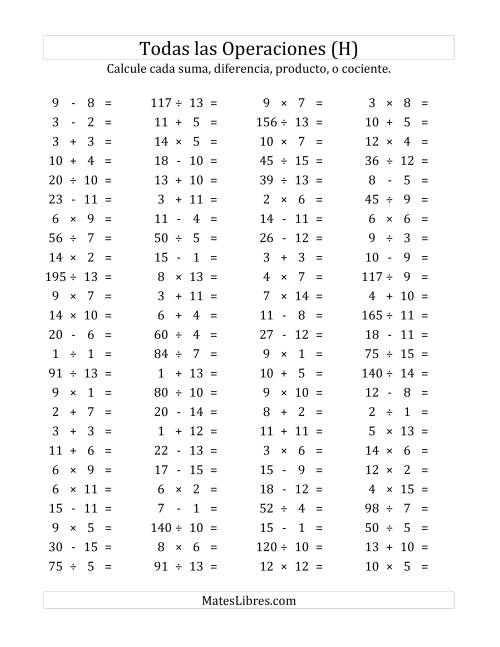 La hoja de ejercicios de 100 Preguntas Horizontales de Suma, Resta, Multiplicación y División (de 1 a 15) (H)