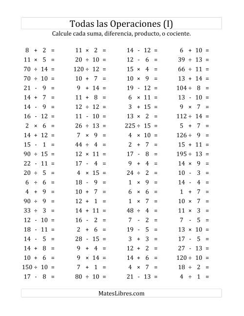 La hoja de ejercicios de 100 Preguntas Horizontales de Suma, Resta, Multiplicación y División (de 1 a 15) (I)