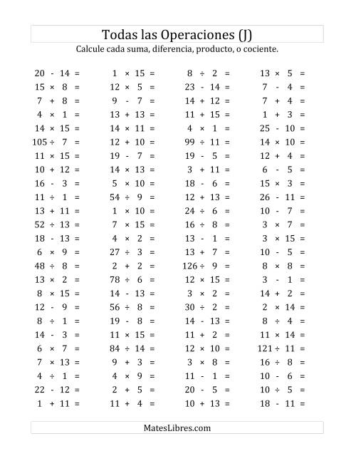 La hoja de ejercicios de 100 Preguntas Horizontales de Suma, Resta, Multiplicación y División (de 1 a 15) (J)