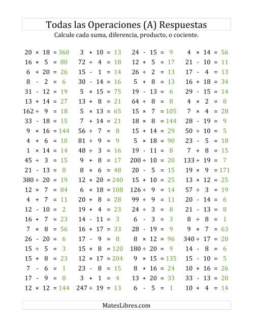 La hoja de ejercicios de 100 Preguntas Horizontales de Suma, Resta, Multiplicación y División (de 1 a 20) (A) Página 2