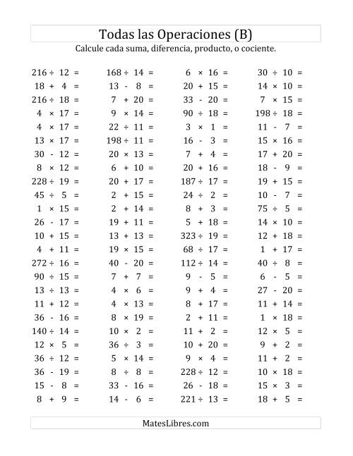 La hoja de ejercicios de 100 Preguntas Horizontales de Suma, Resta, Multiplicación y División (de 1 a 20) (B)