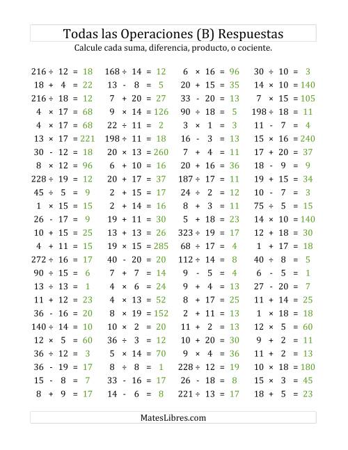La hoja de ejercicios de 100 Preguntas Horizontales de Suma, Resta, Multiplicación y División (de 1 a 20) (B) Página 2