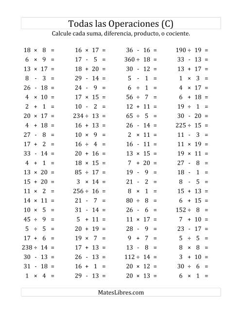La hoja de ejercicios de 100 Preguntas Horizontales de Suma, Resta, Multiplicación y División (de 1 a 20) (C)