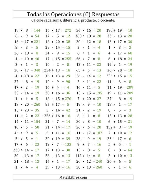 La hoja de ejercicios de 100 Preguntas Horizontales de Suma, Resta, Multiplicación y División (de 1 a 20) (C) Página 2