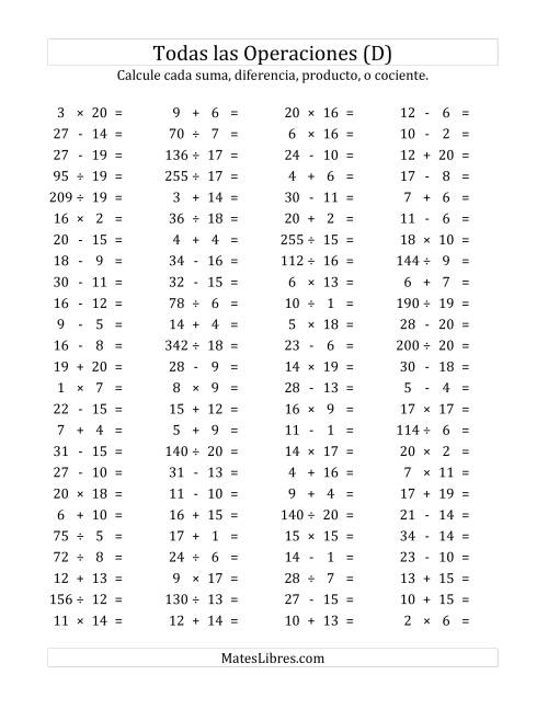 La hoja de ejercicios de 100 Preguntas Horizontales de Suma, Resta, Multiplicación y División (de 1 a 20) (D)