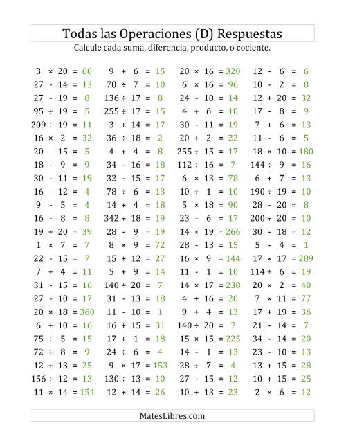 La hoja de ejercicios de 100 Preguntas Horizontales de Suma, Resta, Multiplicación y División (de 1 a 20) (D) Página 2