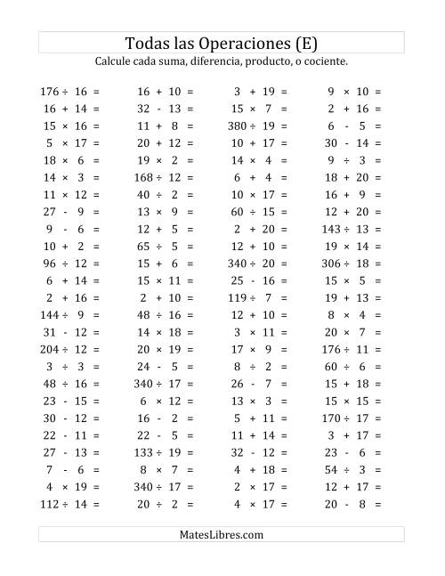 La hoja de ejercicios de 100 Preguntas Horizontales de Suma, Resta, Multiplicación y División (de 1 a 20) (E)