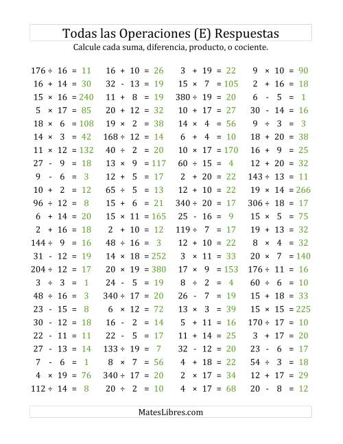 La hoja de ejercicios de 100 Preguntas Horizontales de Suma, Resta, Multiplicación y División (de 1 a 20) (E) Página 2