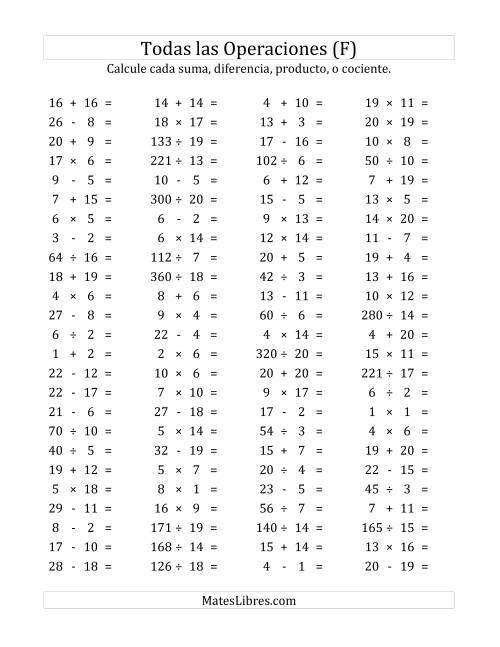 La hoja de ejercicios de 100 Preguntas Horizontales de Suma, Resta, Multiplicación y División (de 1 a 20) (F)