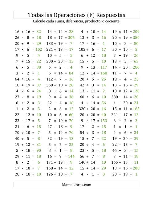 La hoja de ejercicios de 100 Preguntas Horizontales de Suma, Resta, Multiplicación y División (de 1 a 20) (F) Página 2