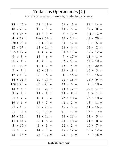 La hoja de ejercicios de 100 Preguntas Horizontales de Suma, Resta, Multiplicación y División (de 1 a 20) (G)