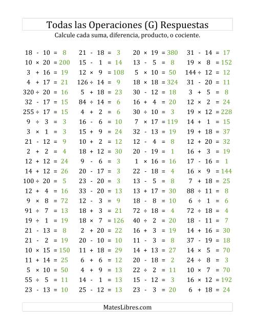 La hoja de ejercicios de 100 Preguntas Horizontales de Suma, Resta, Multiplicación y División (de 1 a 20) (G) Página 2