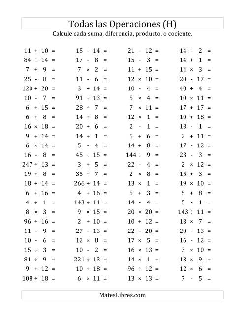 La hoja de ejercicios de 100 Preguntas Horizontales de Suma, Resta, Multiplicación y División (de 1 a 20) (H)