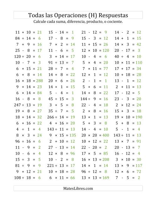 La hoja de ejercicios de 100 Preguntas Horizontales de Suma, Resta, Multiplicación y División (de 1 a 20) (H) Página 2