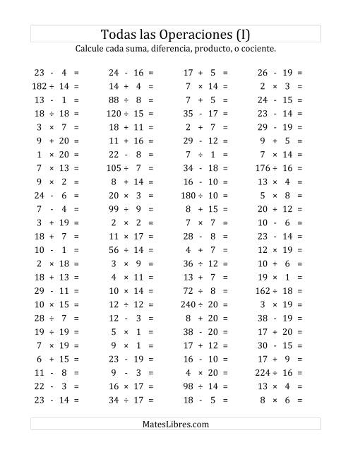 La hoja de ejercicios de 100 Preguntas Horizontales de Suma, Resta, Multiplicación y División (de 1 a 20) (I)