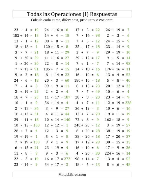 La hoja de ejercicios de 100 Preguntas Horizontales de Suma, Resta, Multiplicación y División (de 1 a 20) (I) Página 2