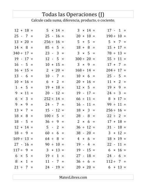 La hoja de ejercicios de 100 Preguntas Horizontales de Suma, Resta, Multiplicación y División (de 1 a 20) (J)