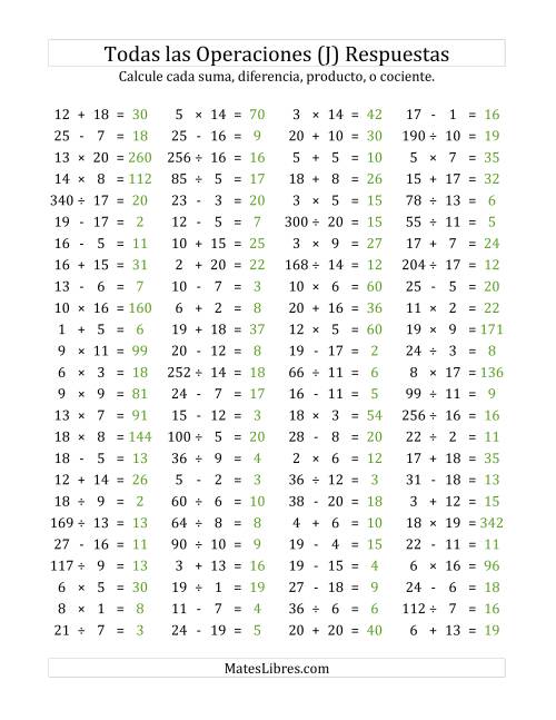 La hoja de ejercicios de 100 Preguntas Horizontales de Suma, Resta, Multiplicación y División (de 1 a 20) (J) Página 2