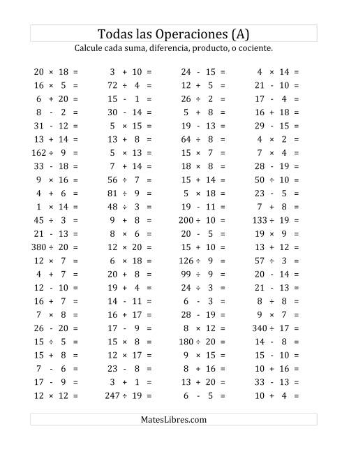 La hoja de ejercicios de 100 Preguntas Horizontales de Suma, Resta, Multiplicación y División (de 1 a 20) (Todas)