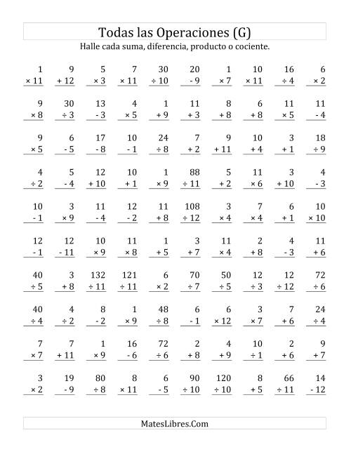 La hoja de ejercicios de Todas las Operaciones, Rango de 1 a 12 (G)