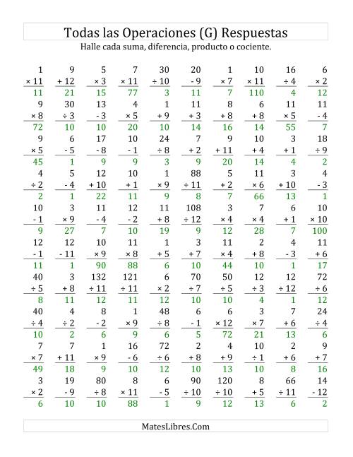 La hoja de ejercicios de Todas las Operaciones, Rango de 1 a 12 (G) math worksheet Página 2 La hoja de ejercicios de Todas las Operaciones, Rango de 1 a 12 (G) Página 2