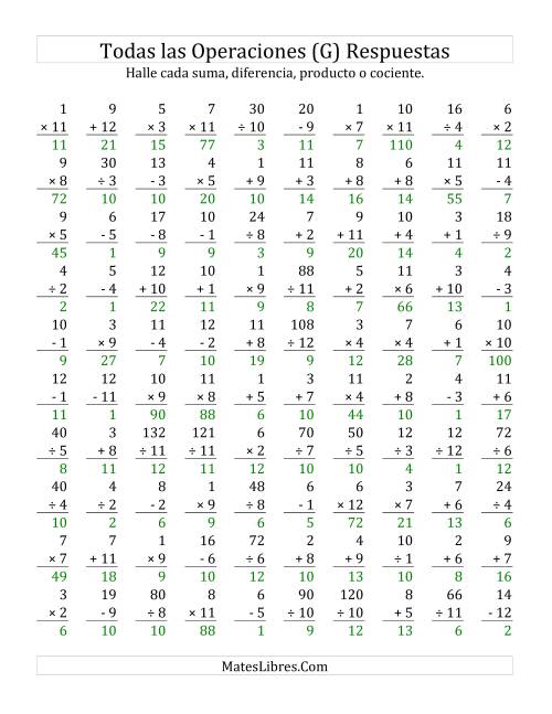 La hoja de ejercicios de Todas las Operaciones, Rango de 1 a 12 (G) Página 2