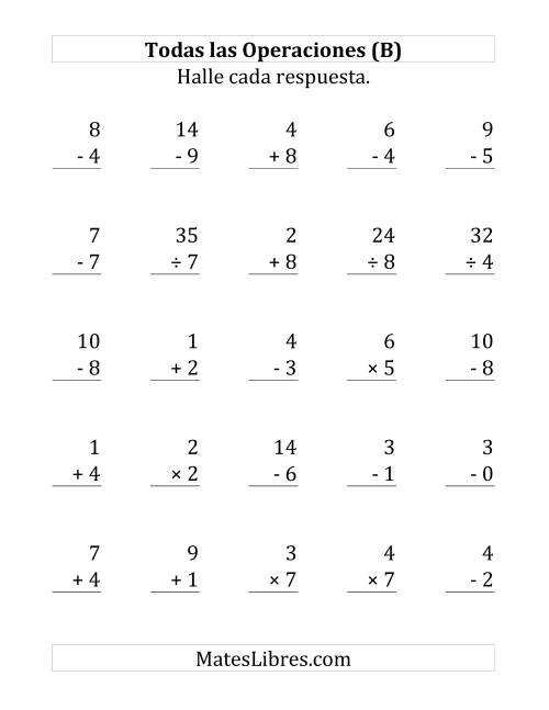 La hoja de ejercicios de 25 Ejercicios de Suma, Resta, Multiplicación y División (de 0 a 9) (B)