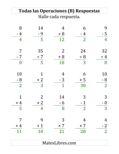 La hoja de ejercicios de 25 Ejercicios de Suma, Resta, Multiplicación y División (de 0 a 9) (B) Página 2